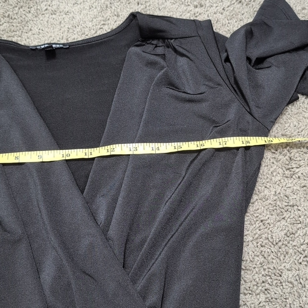 EXPRESS Satin Black Flutter Sleeve Wrap Front Bodysuit Women's Size Small - Picture 11 of 13